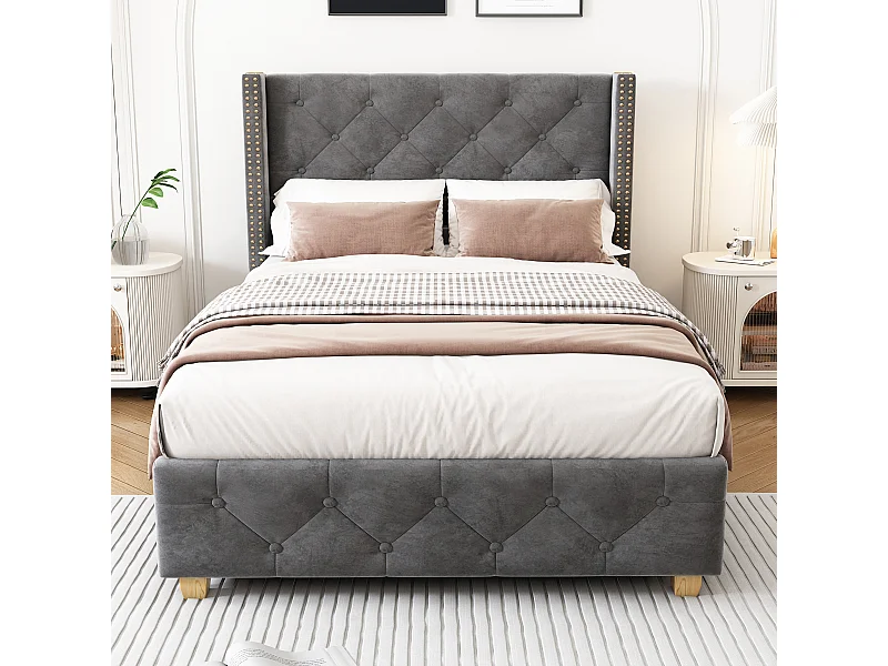 Lit rembourré 90×200 cm avec sommier à lattes et tête de lit, capitonnage, clous, pieds en bois, velours, gris