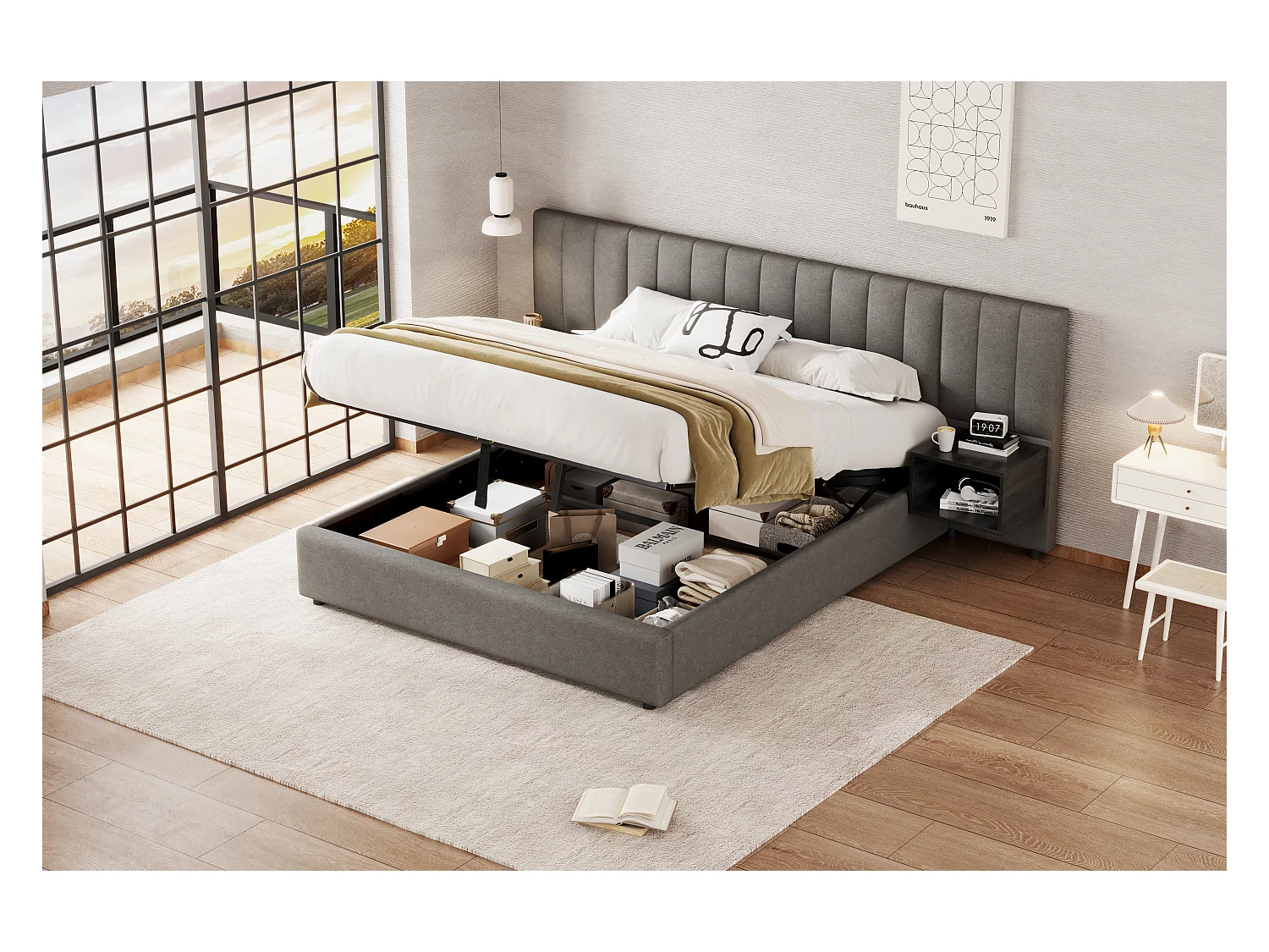 Lit rembourré 160 x 200 cm, lit à oreilles hydrauliques avec 2 tables de nuit et rangement, en lin gris et noir