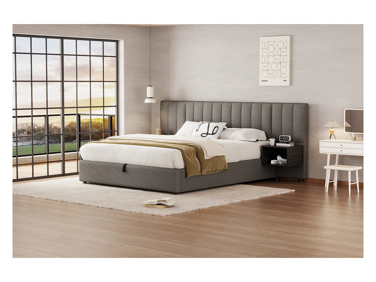 Lit rembourré 160 x 200 cm, lit à oreilles hydrauliques avec 2 tables de nuit et rangement, en lin gris et noir