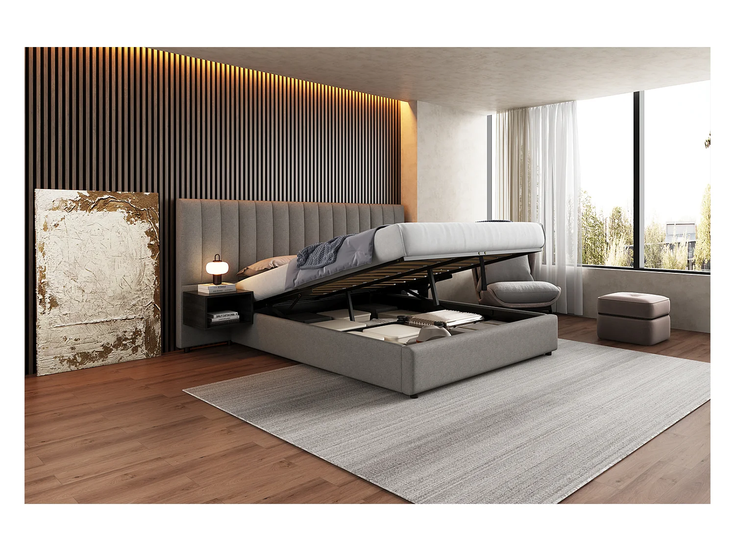 Lit rembourré 160 x 200 cm, lit à oreilles hydrauliques avec 2 tables de nuit et rangement, en lin gris et noir