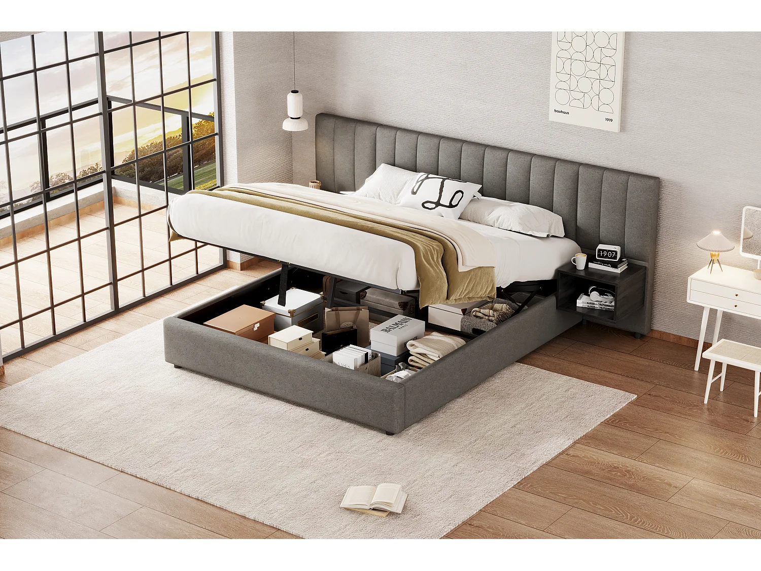 Lit rembourré 160 x 200 cm, lit à oreilles hydrauliques avec 2 tables de nuit et rangement, en lin gris et noir