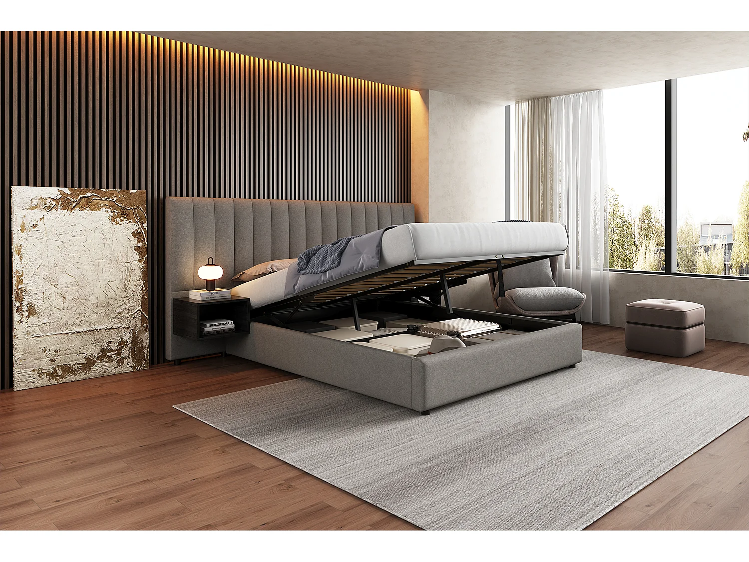 Lit rembourré 160 x 200 cm, lit à oreilles hydrauliques avec 2 tables de nuit et rangement, en lin gris et noir