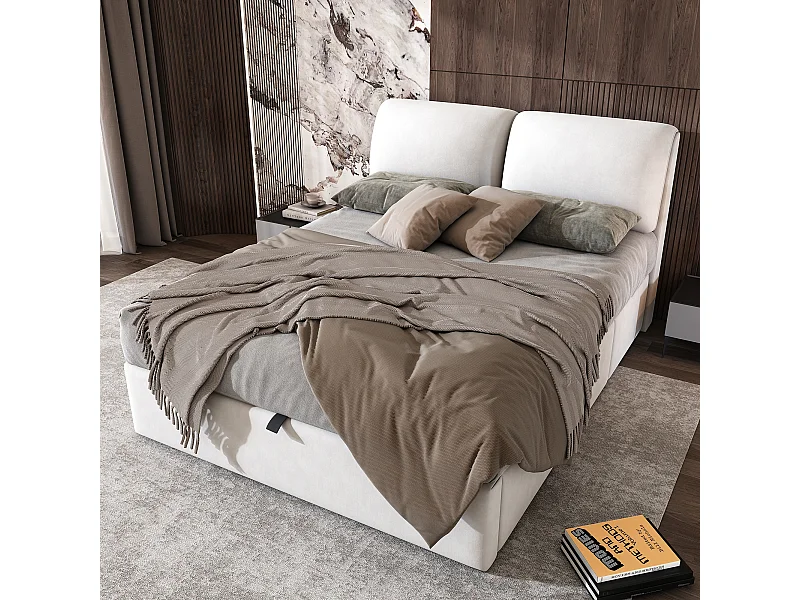 Lit tapissé 140×190 cm en velours beige avec sommier hydraulique et trois tiroirs de rangement