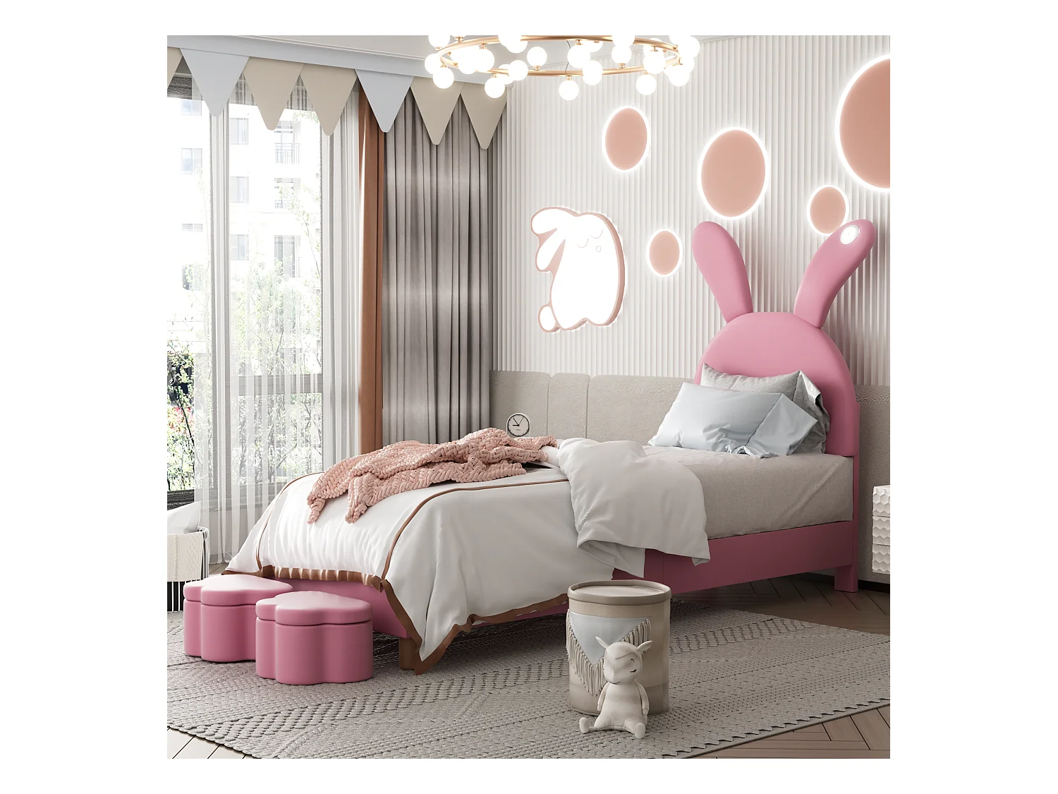 Lit en velours rose 90x200 cm avec deux bancs de rangement, éclairage LED et oreilles de lapin pliables