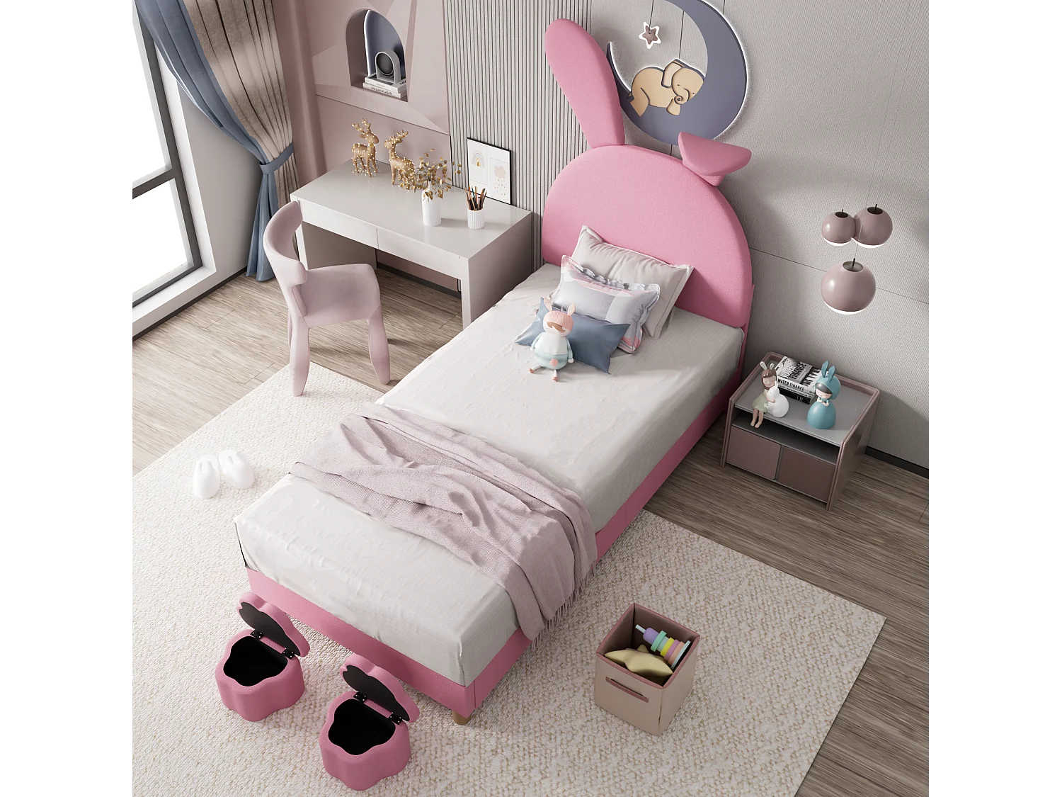 Lit en velours rose 90x200 cm avec deux bancs de rangement, éclairage LED et oreilles de lapin pliables