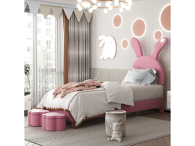 Lit en velours rose 90x200 cm avec deux bancs de rangement, éclairage LED et oreilles de lapin pliables