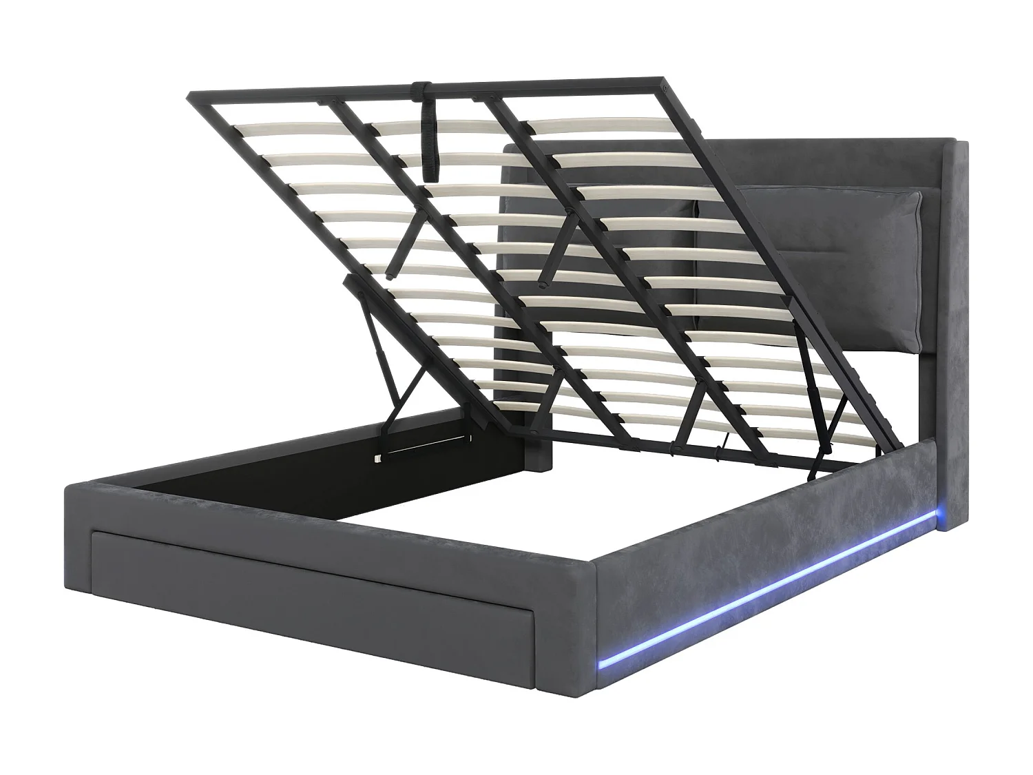 Lit multifonctionnel 180×200 cm en velours gris foncé avec éclairage LED et rangement hydraulique