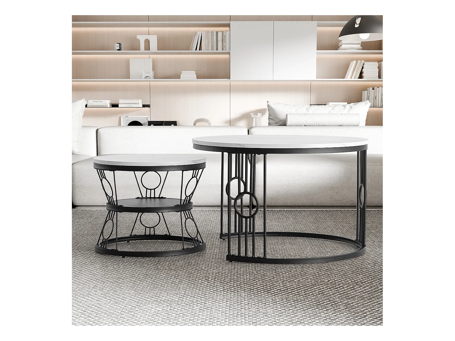 Table basse lot de 2 tables gigognes empilables avec cadre métallique stable noir