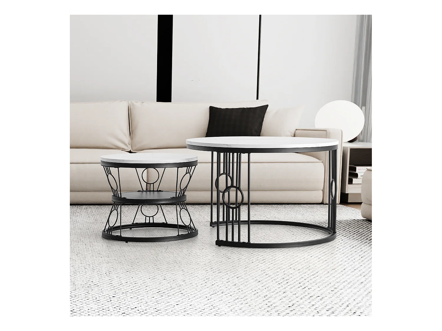 Table basse lot de 2 tables gigognes empilables avec cadre métallique stable noir