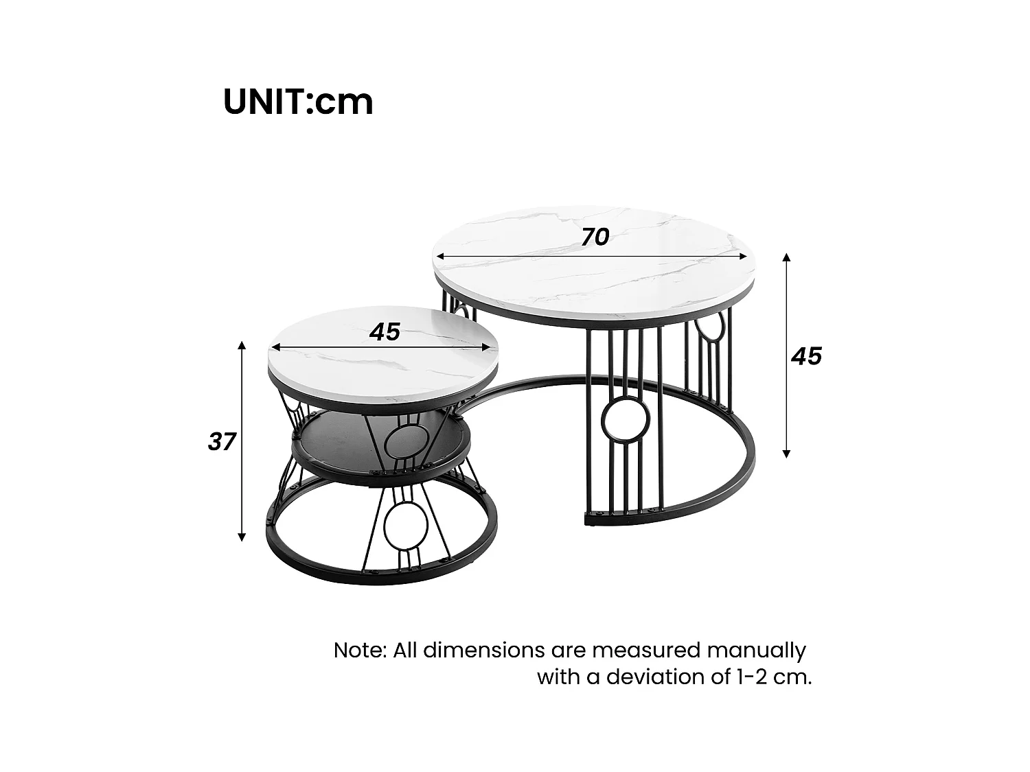 Table basse lot de 2 tables gigognes empilables avec cadre métallique stable noir