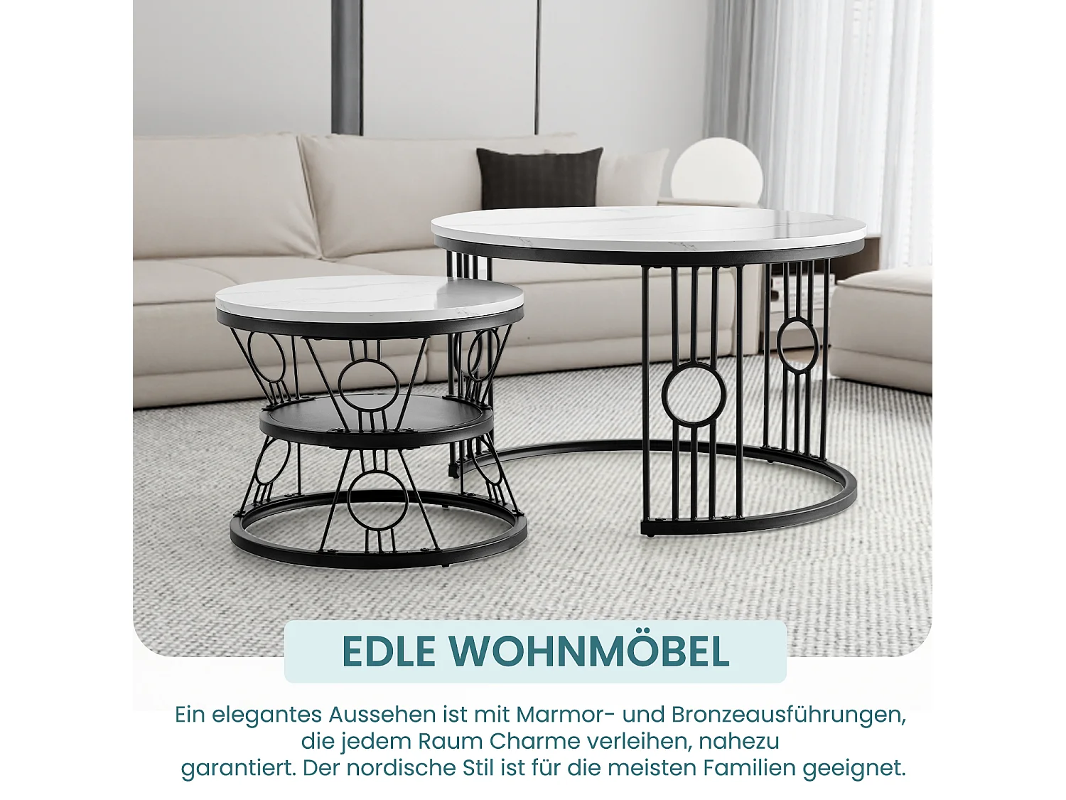 Table basse lot de 2 tables gigognes empilables avec cadre métallique stable noir