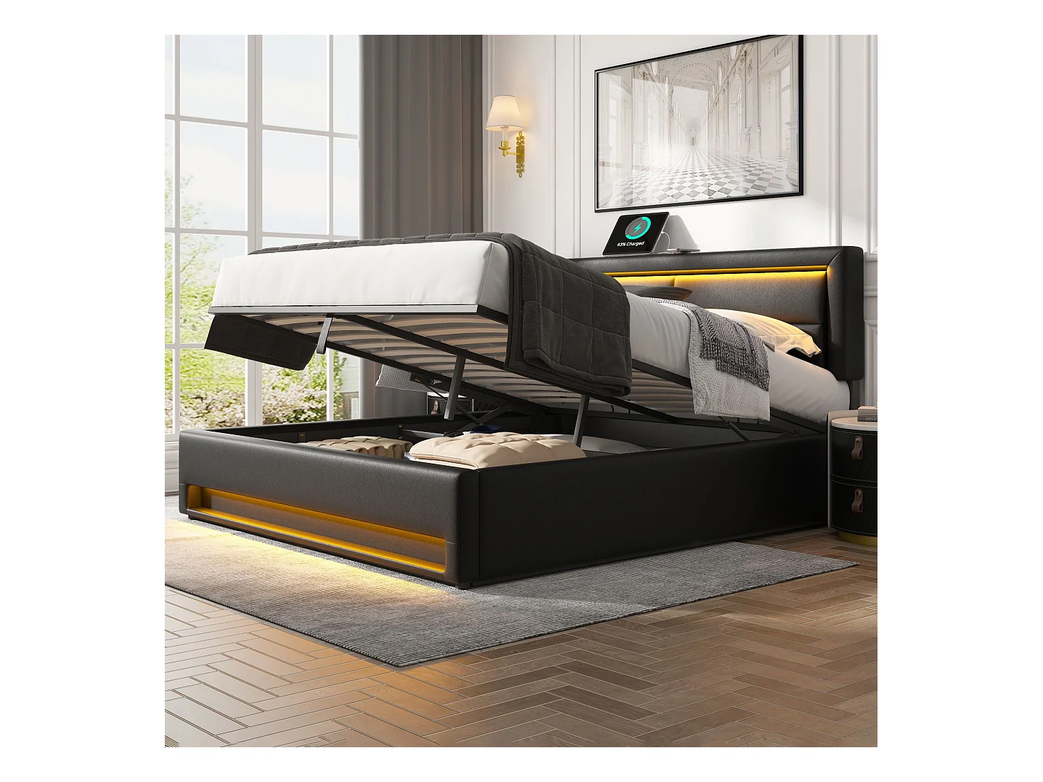 Lit rembourré 140 x 190 cm avec ports USB, éclairage LED et rangement, noir