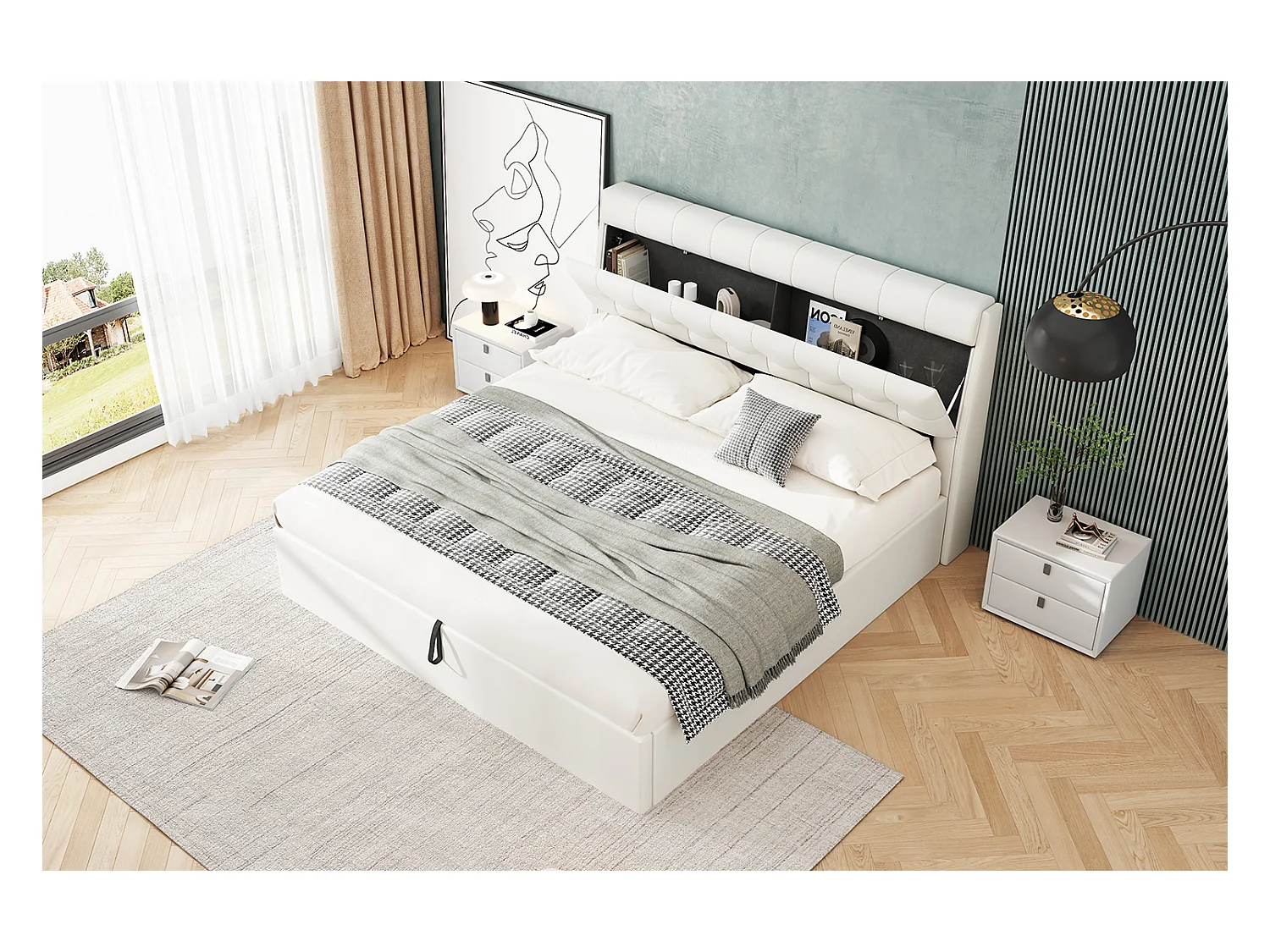 Lit élégant 160×200 cm, cadre de lit hydraulique, rangement caché, PU, avec tête de lit et sommier