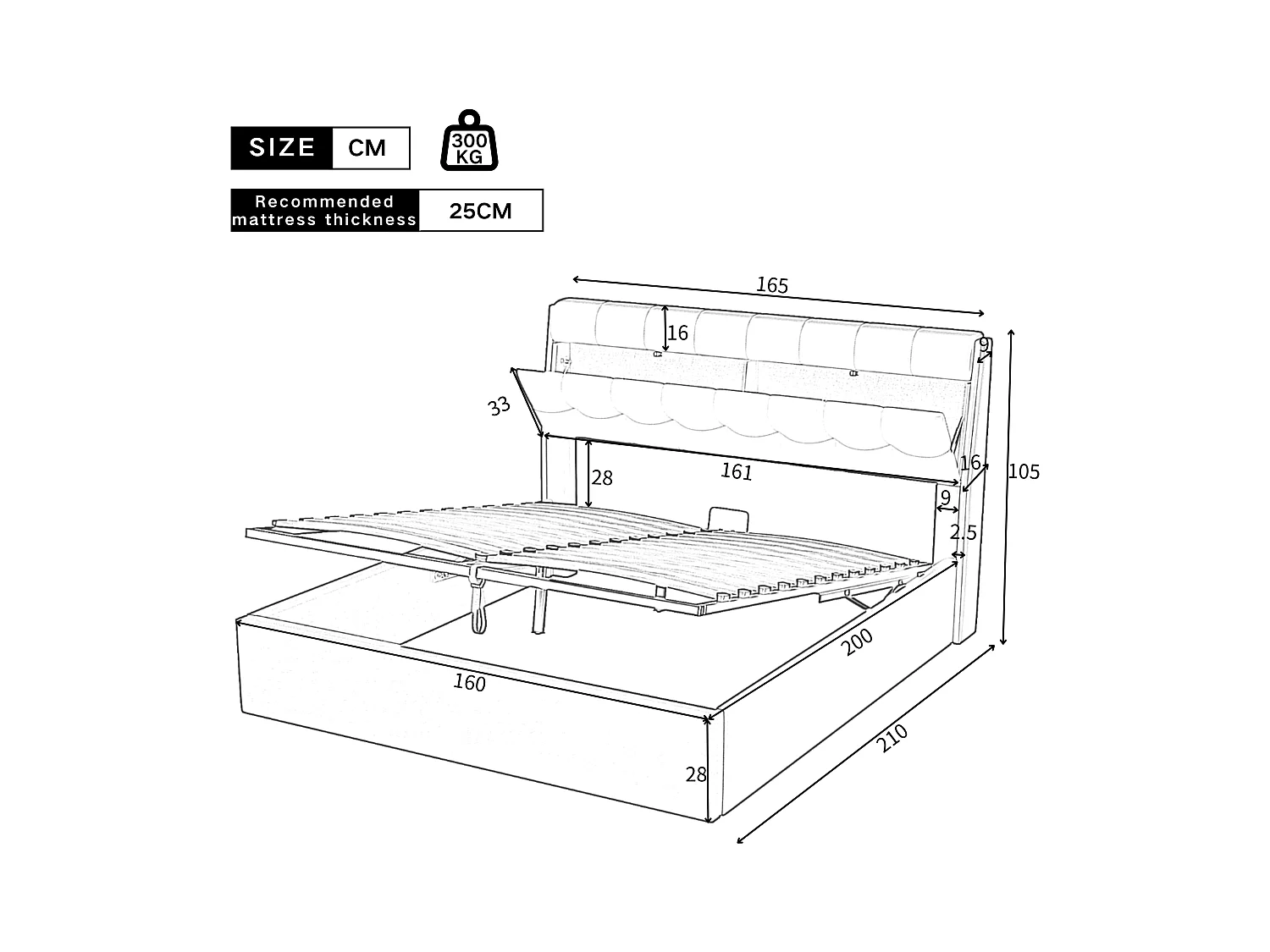 Lit élégant 160×200 cm, cadre de lit hydraulique, rangement caché, PU, avec tête de lit et sommier