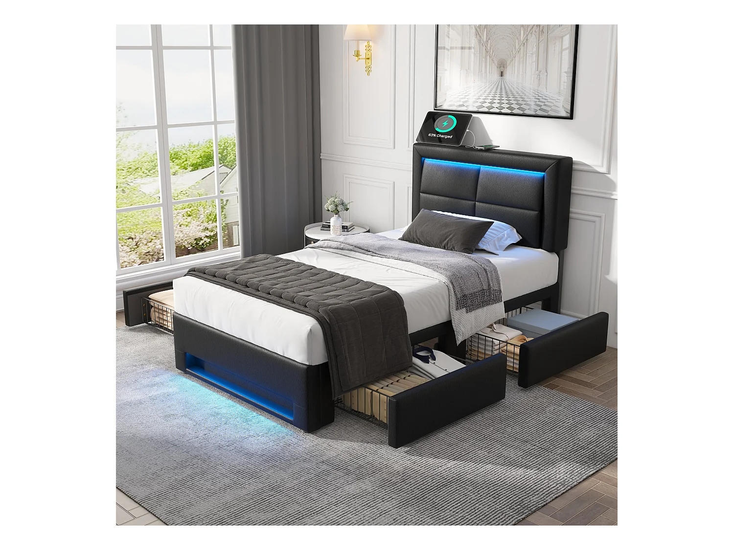 Lit rembourré 90×200 cm, avec ports USB, éclairage LED et 4 tiroirs, sans matelas, noir