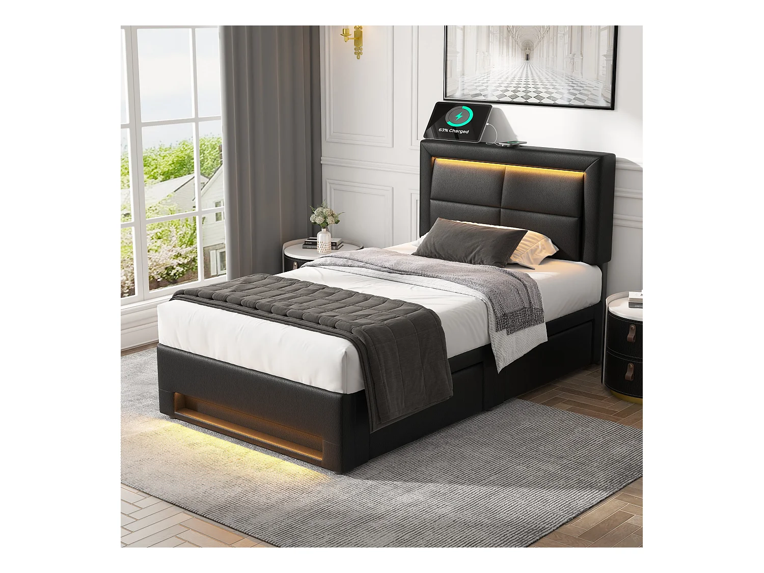 Lit rembourré 90×200 cm, avec ports USB, éclairage LED et 4 tiroirs, sans matelas, noir