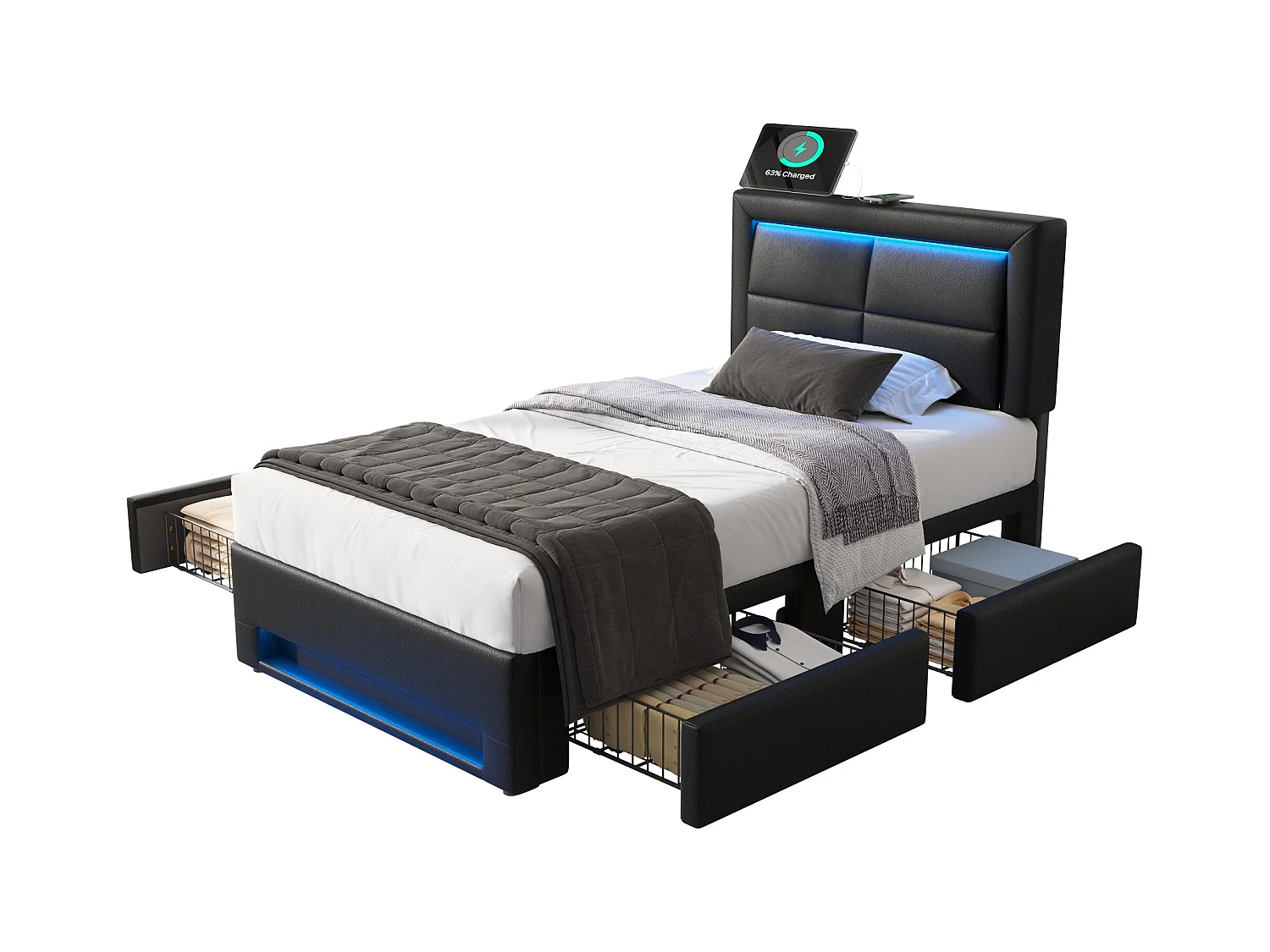 Lit rembourré 90×200 cm, avec ports USB, éclairage LED et 4 tiroirs, sans matelas, noir