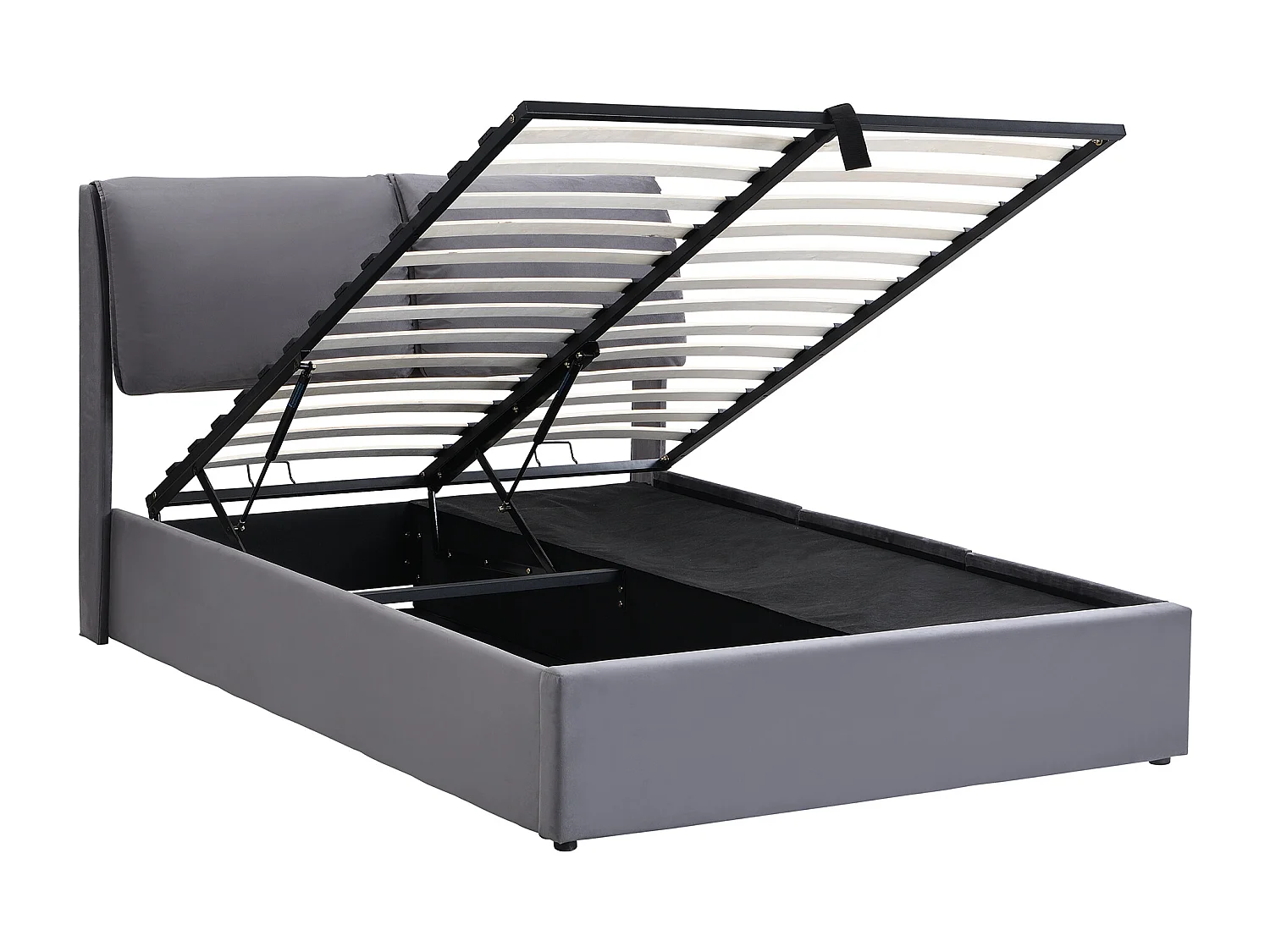 Lit rembourré 140×200 cm, gris, avec tête de lit réglable, trois tiroirs et coffre de rangement