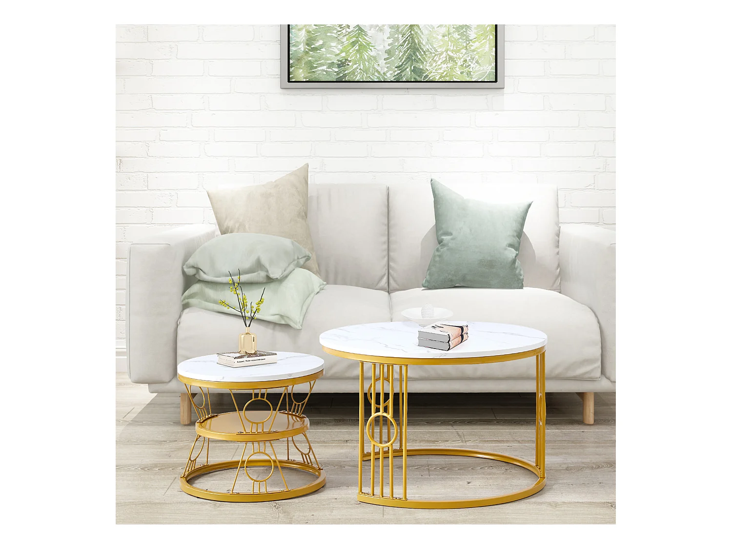 Table basse lot de 2 tables gigognes empilables avec cadre métallique stable