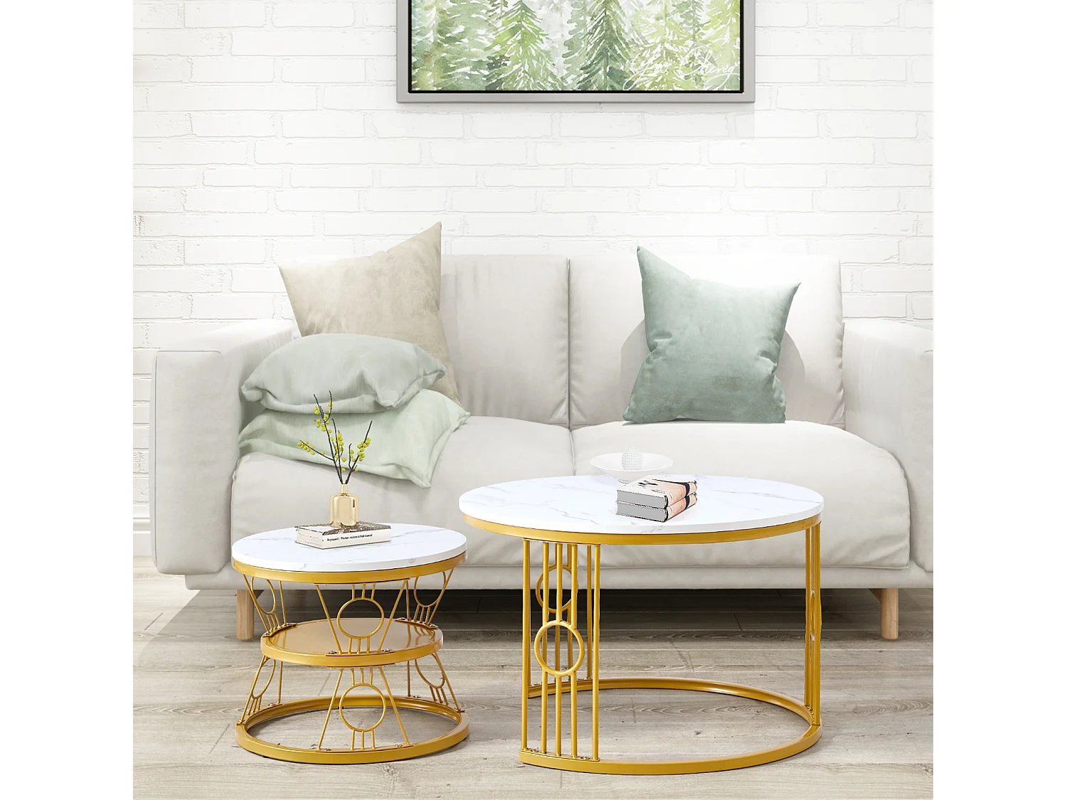 Table basse lot de 2 tables gigognes empilables avec cadre métallique stable