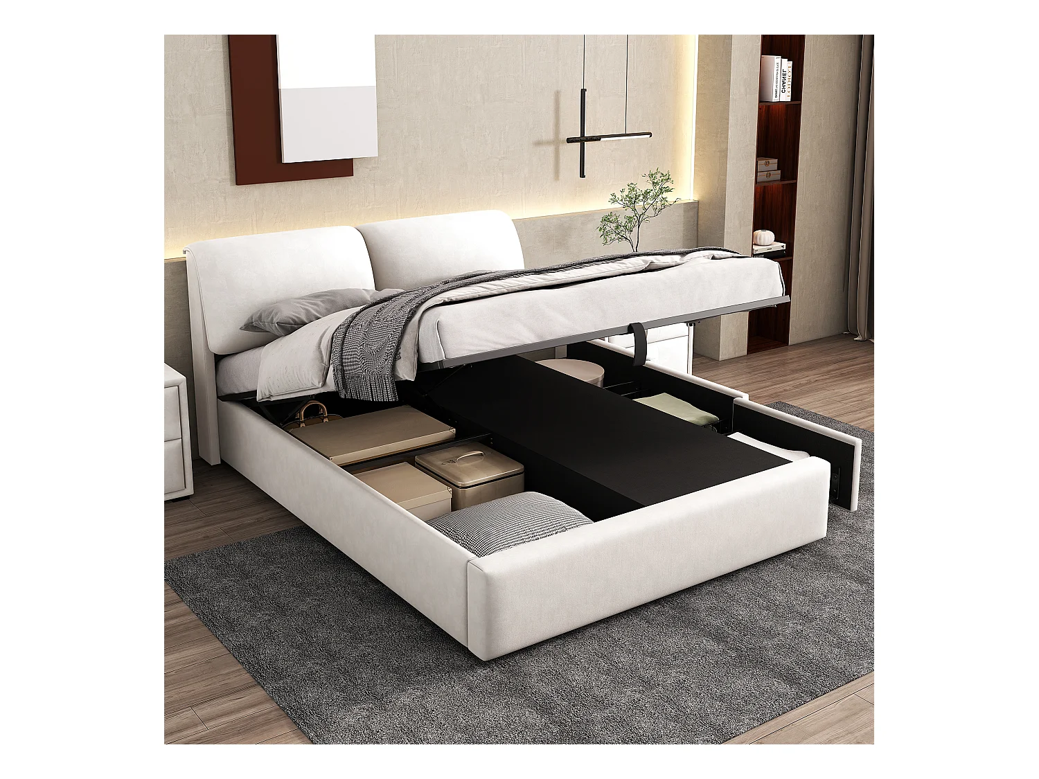 Lit rembourré 140×200 cm, beige, avec tête de lit réglable, trois tiroirs et coffre de rangement