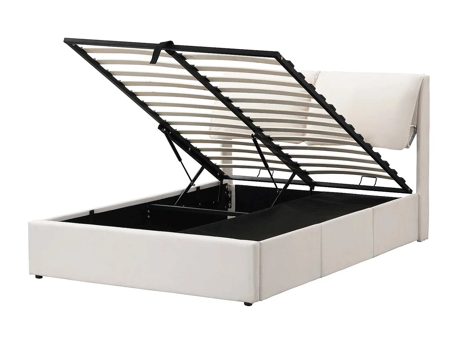 Lit rembourré 140×200 cm, beige, avec tête de lit réglable, trois tiroirs et coffre de rangement