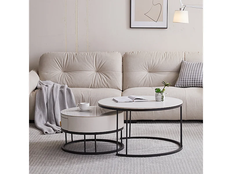 Tables basses rondes gigognes lot de 2 avec plateau en ardoise et tiroir, structure robuste