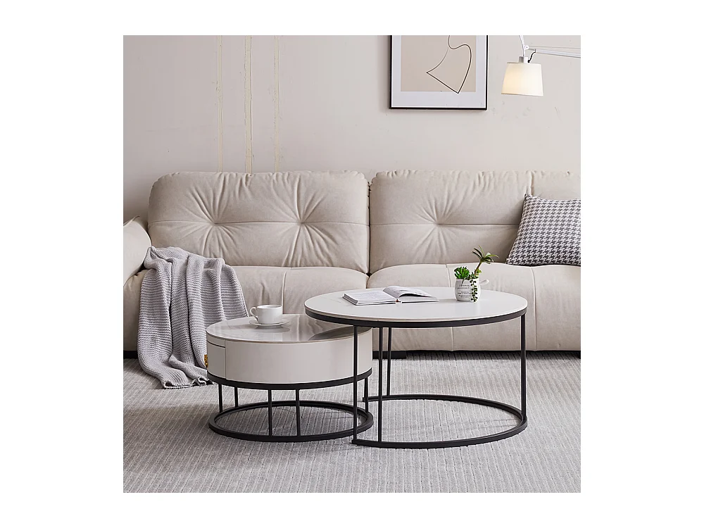 Tables basses rondes gigognes lot de 2 avec plateau en ardoise et tiroir, structure robuste