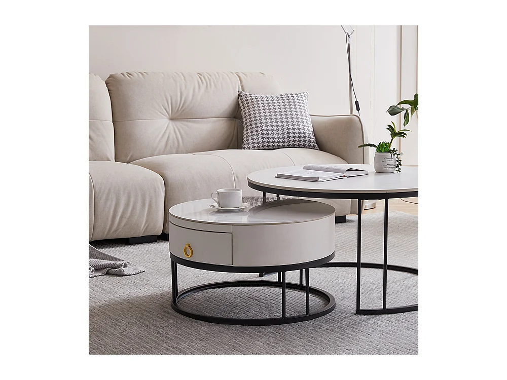 Tables basses rondes gigognes lot de 2 avec plateau en ardoise et tiroir, structure robuste