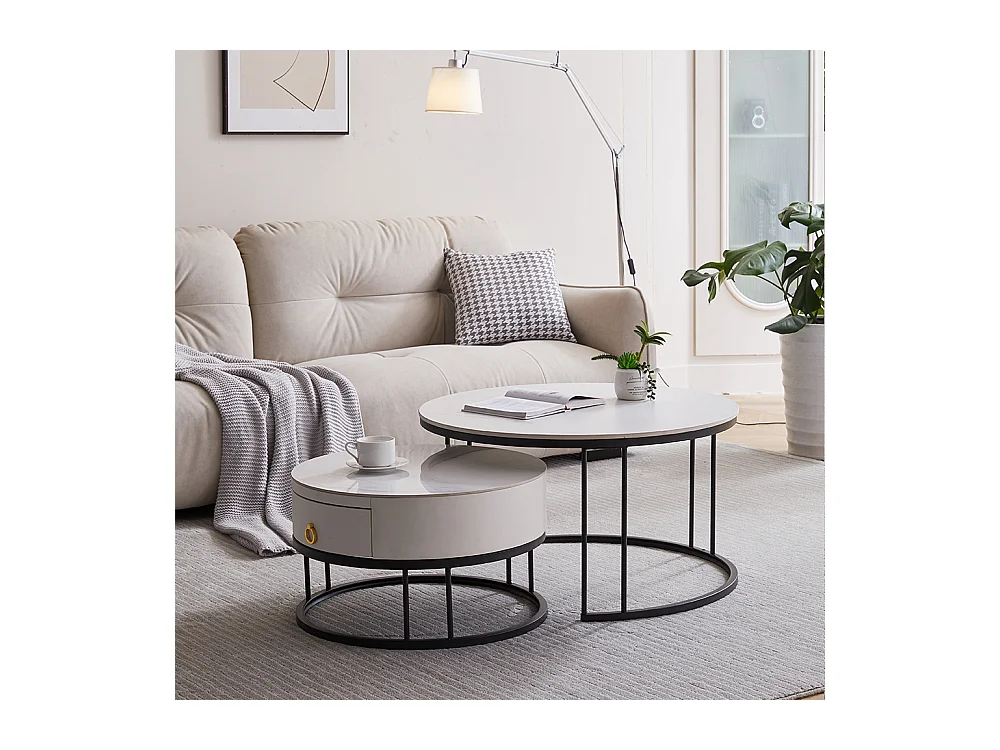 Tables basses rondes gigognes lot de 2 avec plateau en ardoise et tiroir, structure robuste