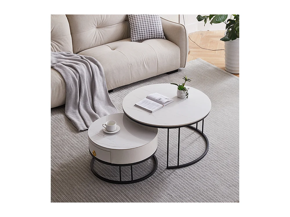 Tables basses rondes gigognes lot de 2 avec plateau en ardoise et tiroir, structure robuste