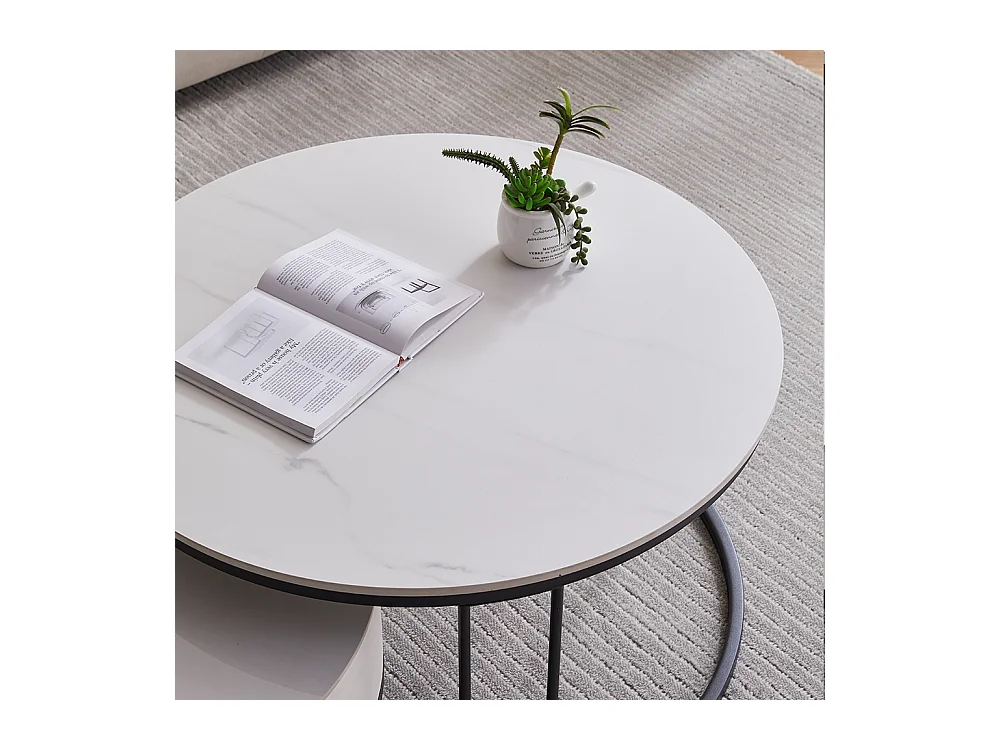 Tables basses rondes gigognes lot de 2 avec plateau en ardoise et tiroir, structure robuste