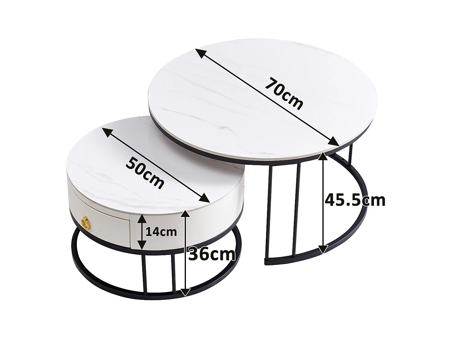Tables basses rondes gigognes lot de 2 avec plateau en ardoise et tiroir, structure robuste