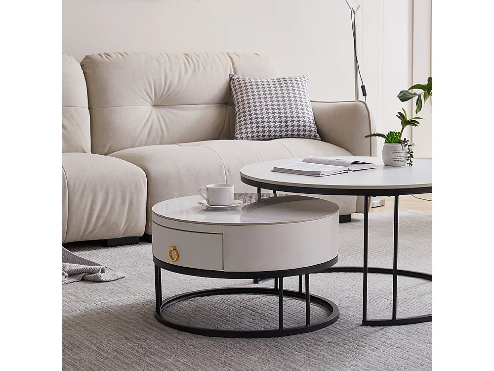 Tables basses rondes gigognes lot de 2 avec plateau en ardoise et tiroir, structure robuste