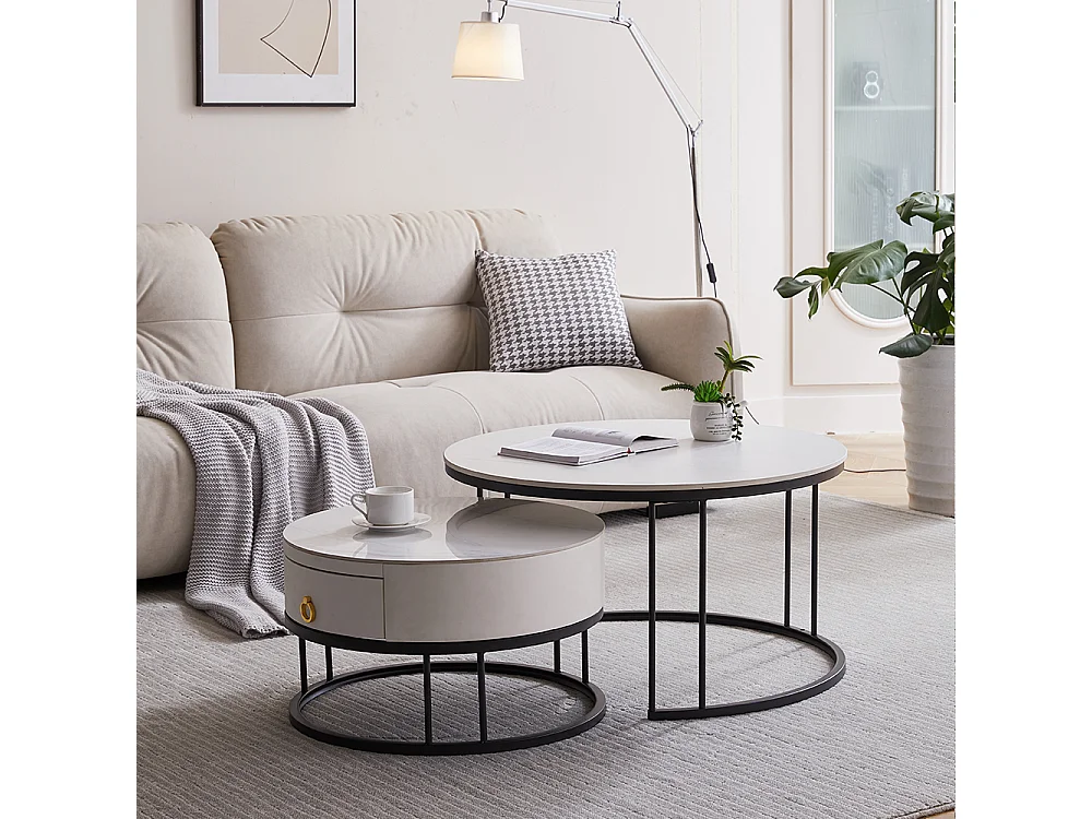 Tables basses rondes gigognes lot de 2 avec plateau en ardoise et tiroir, structure robuste