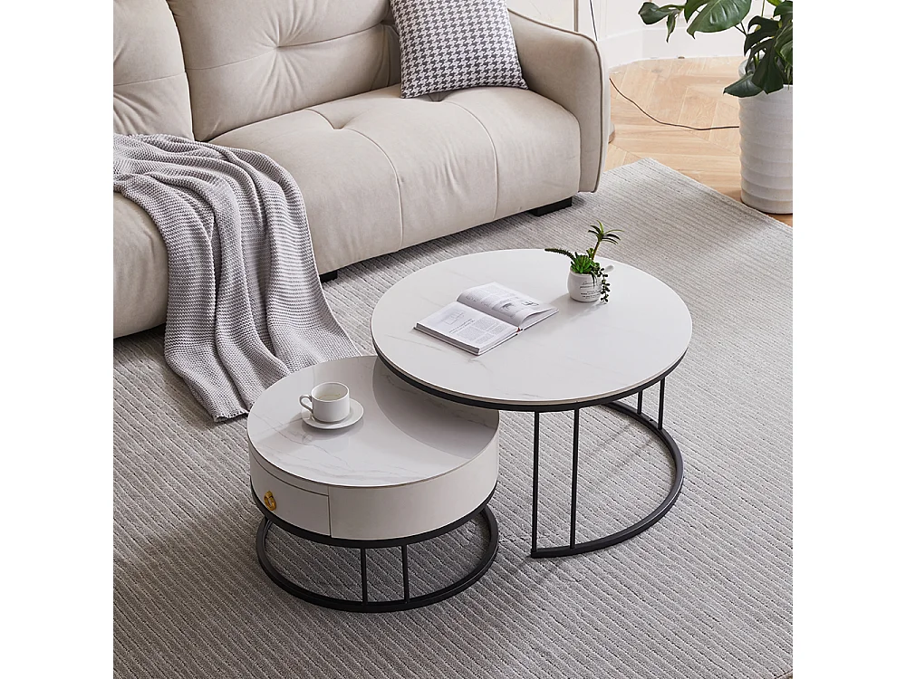 Tables basses rondes gigognes lot de 2 avec plateau en ardoise et tiroir, structure robuste