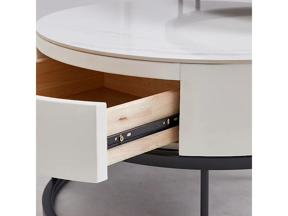 Tables basses rondes gigognes lot de 2 avec plateau en ardoise et tiroir, structure robuste