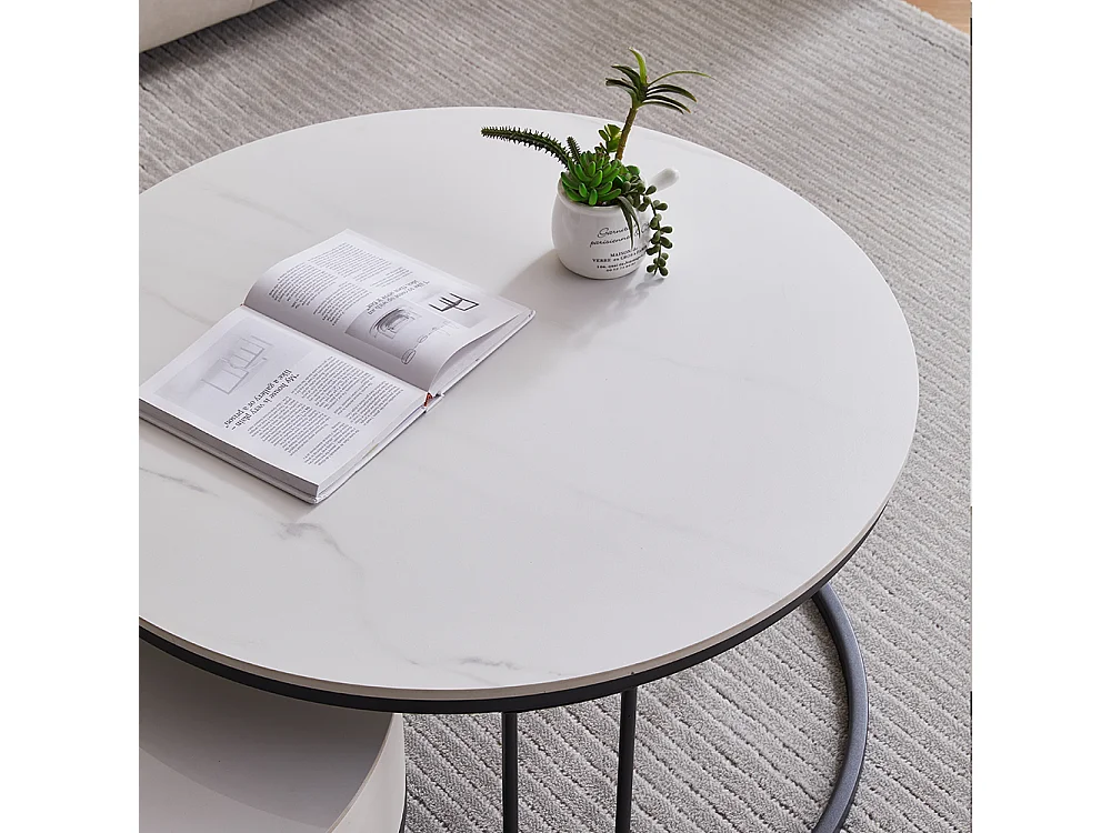 Tables basses rondes gigognes lot de 2 avec plateau en ardoise et tiroir, structure robuste