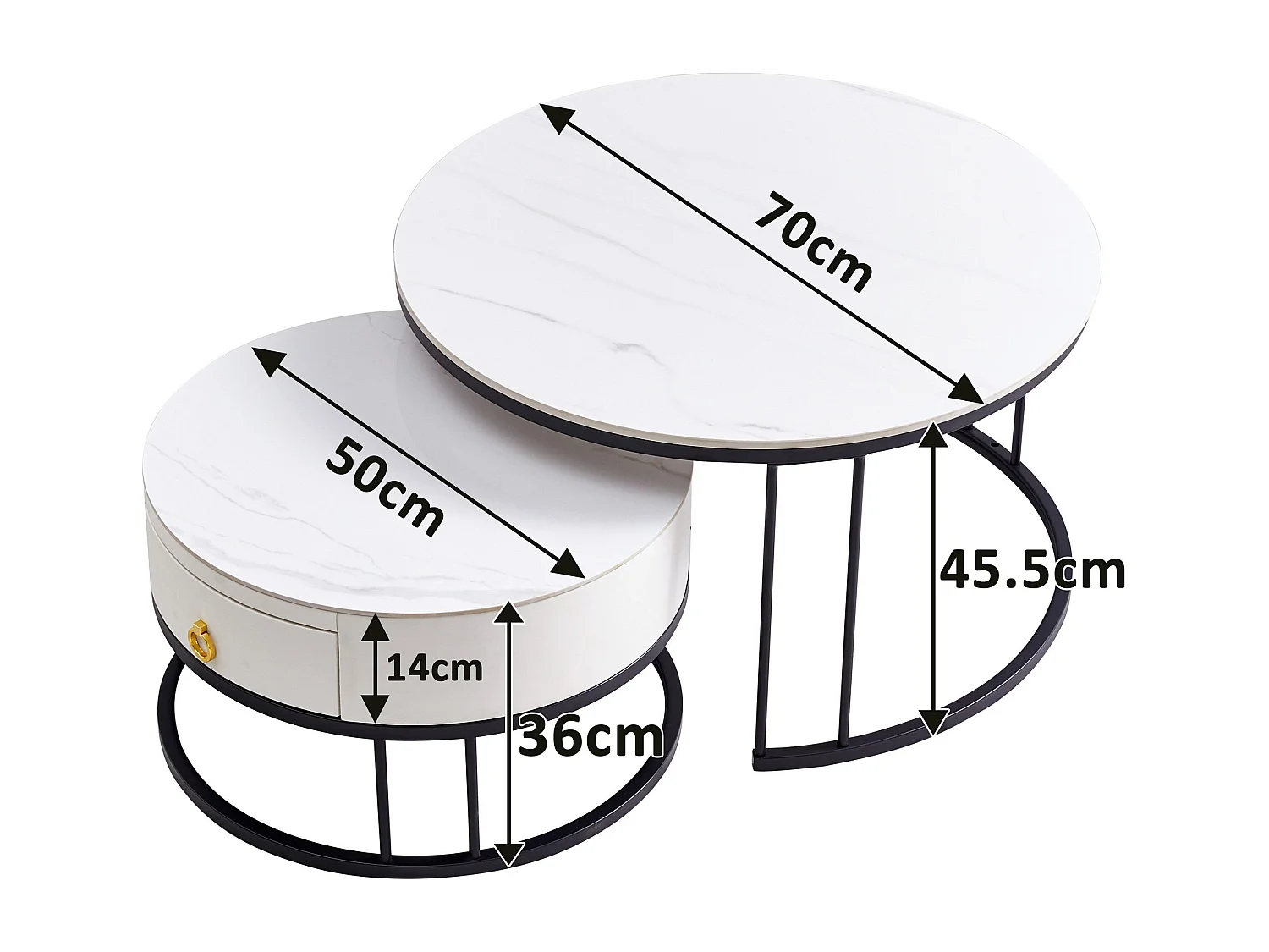 Tables basses rondes gigognes lot de 2 avec plateau en ardoise et tiroir, structure robuste