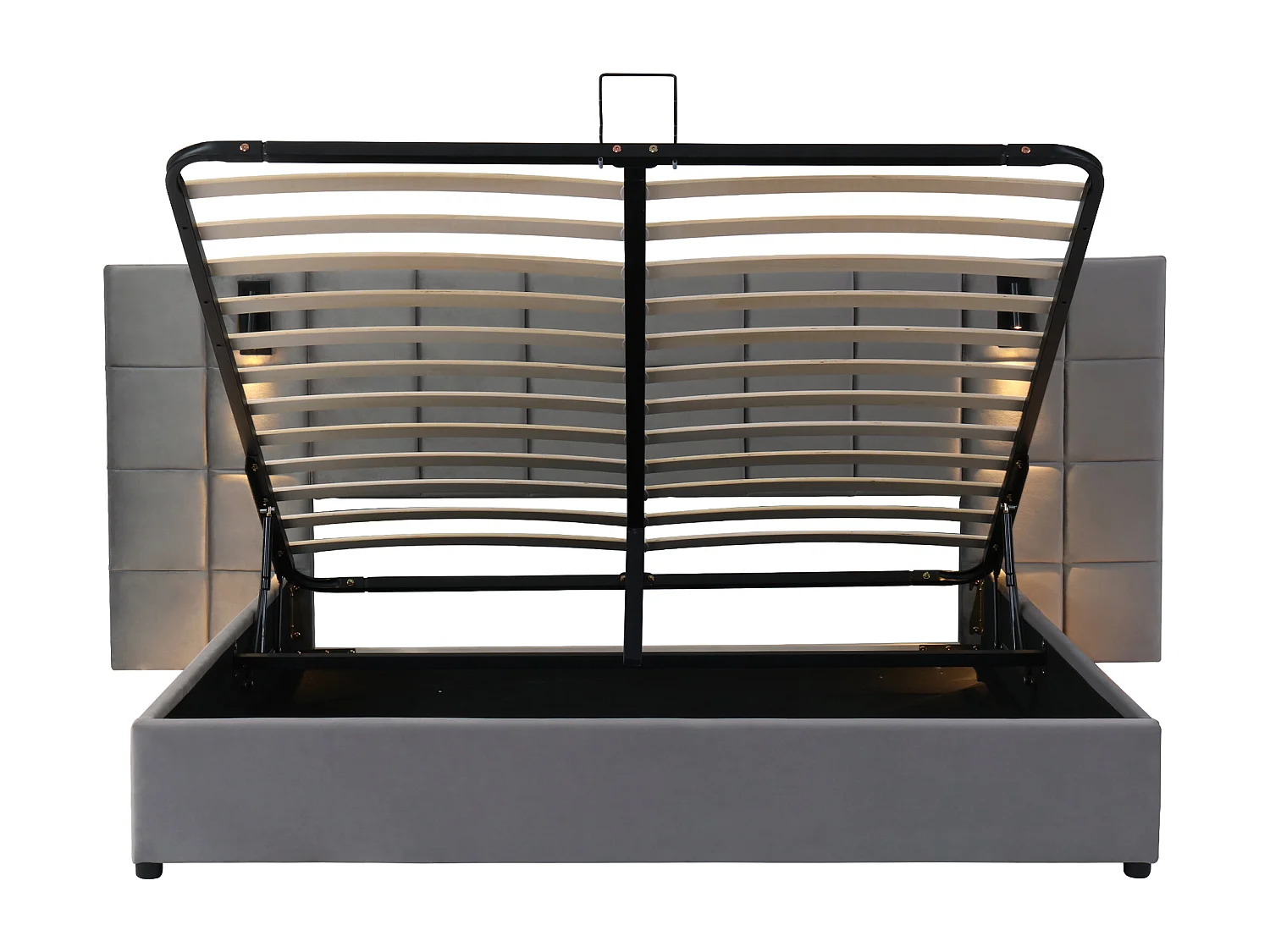 Lit rembourré avec rangement hydraulique, lampe directionnelle et USB, 140×200 cm, gris, tête de lit en mousse