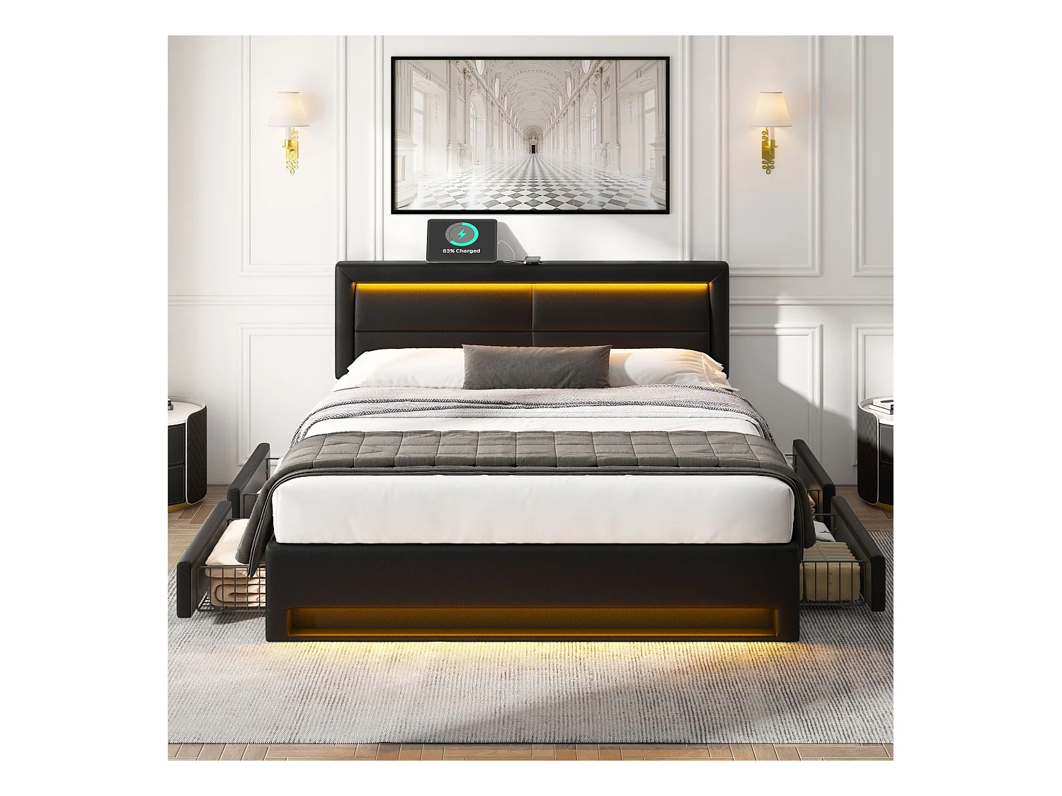 Lit rembourré 140 x 200 cm, avec ports USB, éclairage LED et 4 tiroirs, sans matelas, noir