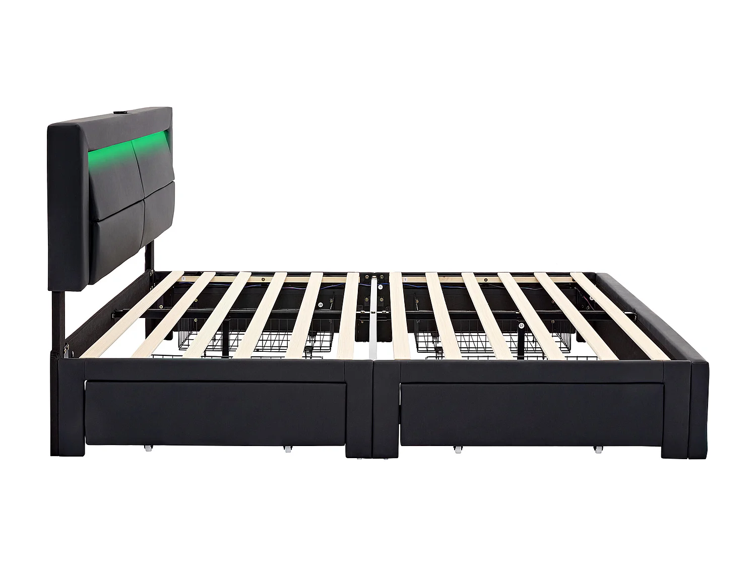 Lit rembourré 140 x 200 cm, avec ports USB, éclairage LED et 4 tiroirs, sans matelas, noir