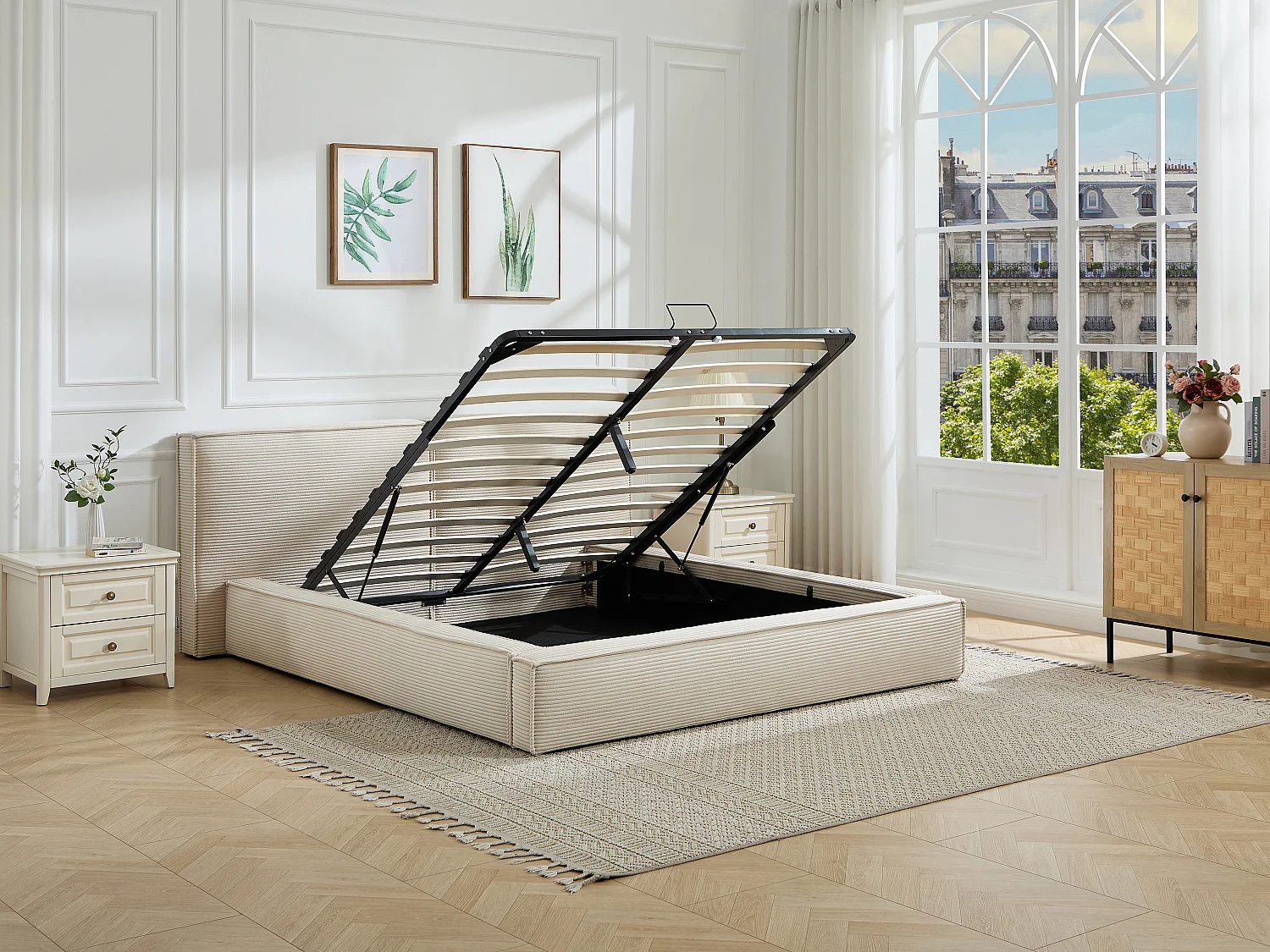 Lit coffre 160 x 200 cm – Velours côtelé – Beige - TAVESO