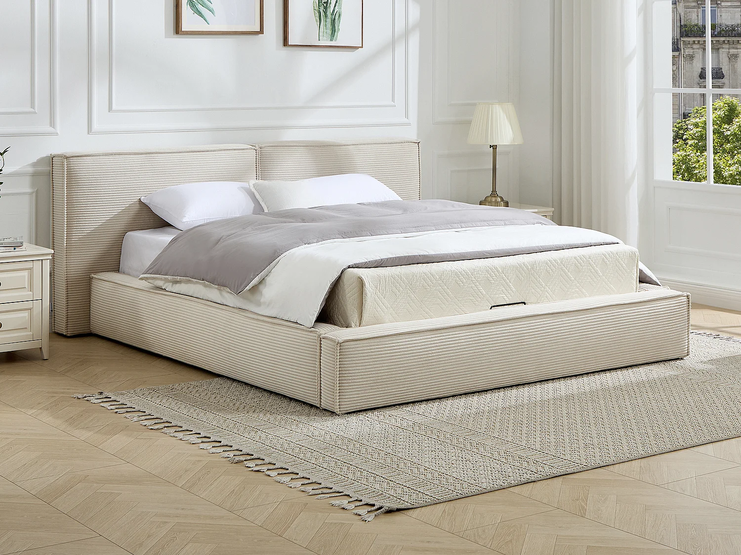Lit coffre 160 x 200 cm – Velours côtelé – Beige - TAVESO