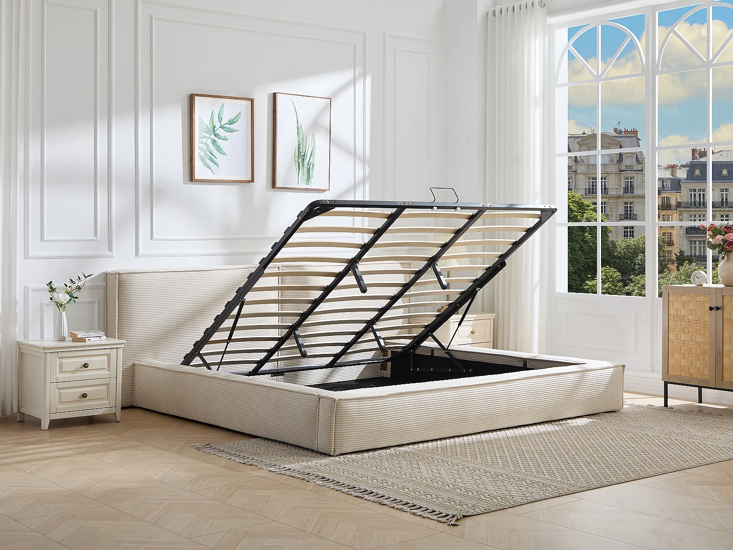 Lit coffre 180 x 200 cm – Velours côtelé – Beige - TAVESO