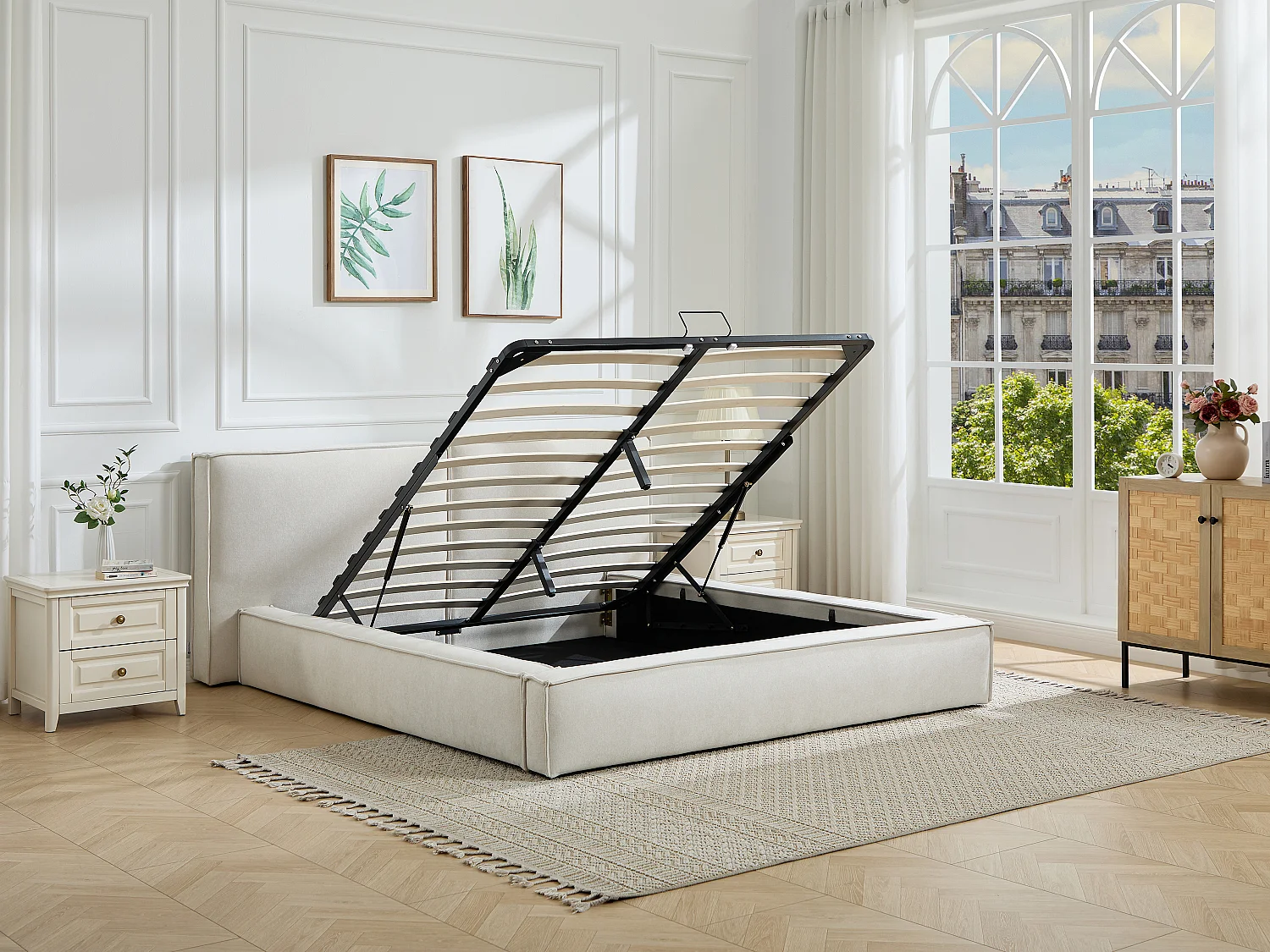 Lit coffre 160 x 200 cm – Tissu – Beige - TAVESO