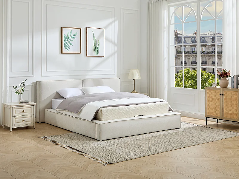 Lit coffre 160 x 200 cm – Tissu – Beige - TAVESO