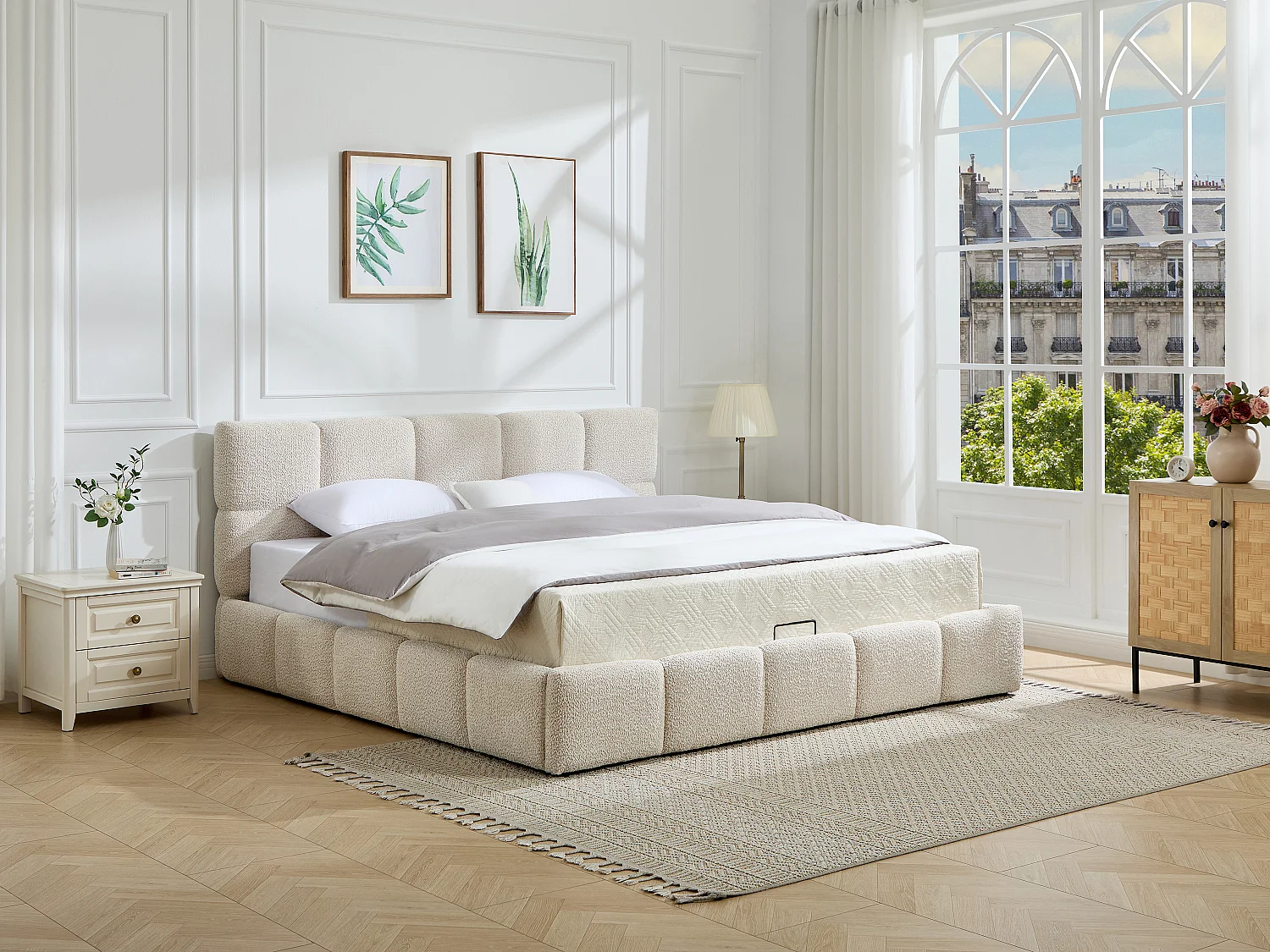 Lit coffre 140 x 190 cm – Tissu bouclette – Beige - DILUDO