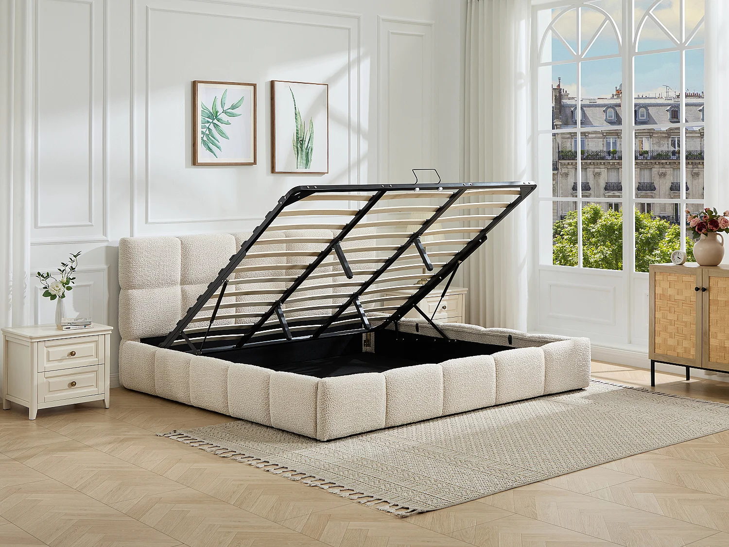 Lit coffre 160 x 200 cm – Tissu bouclette – Beige - DILUDO