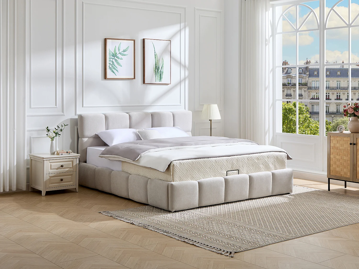 Lit coffre 160 x 200 cm – Tissu – Beige - DILUDO